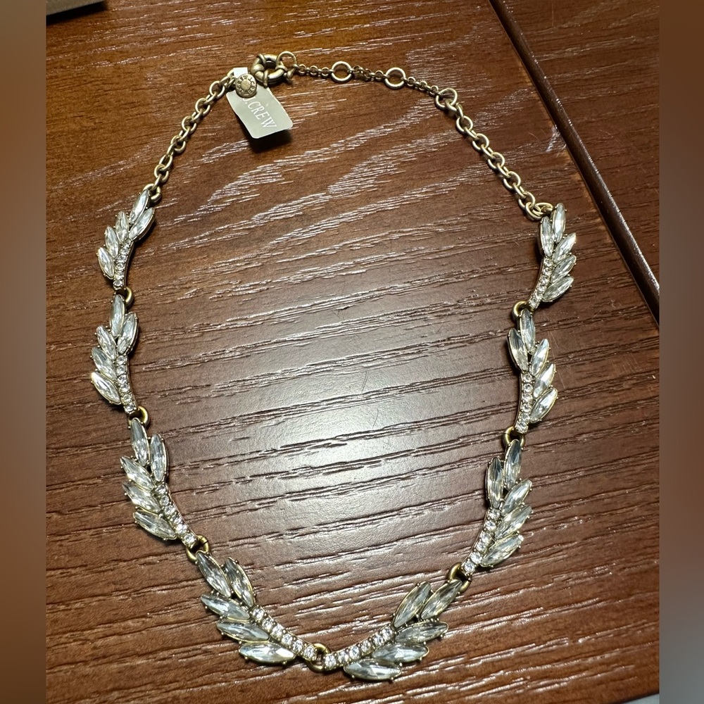 J. Crew Fan Feather Leaves Rhinestone Bling Collar Necklace NWT